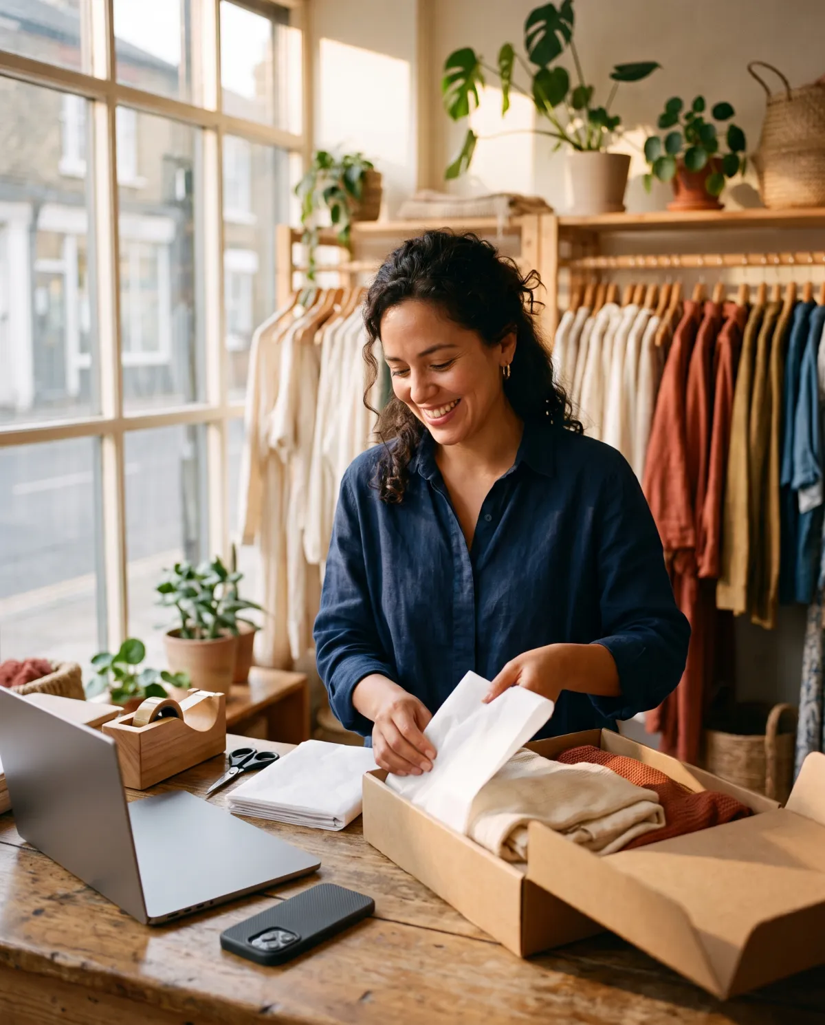 Emprendedora empacando un pedido en su boutique, con laptop y celular en el mostrador